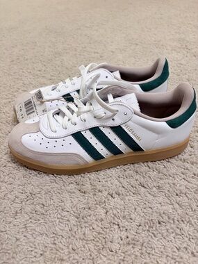 adidas White Sneakers with Green Stripes and Beige Accents